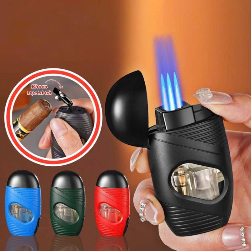 Bật lửa gas lộ thiên 3 tia hình bầu dục - xài ga - có hộp