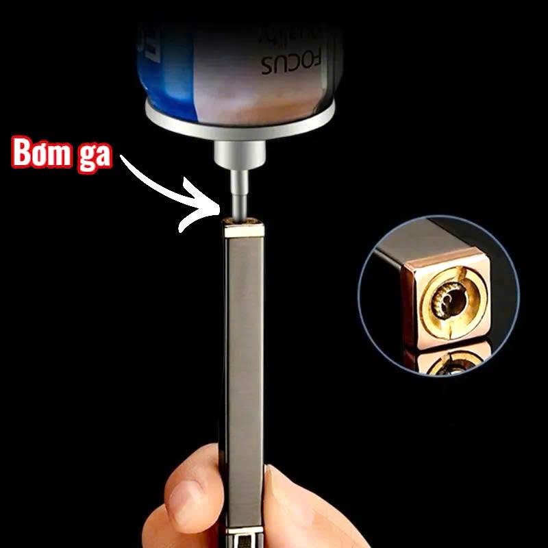 Bật lửa hình trụ vuông dài trơn kim loại - xài ga đá