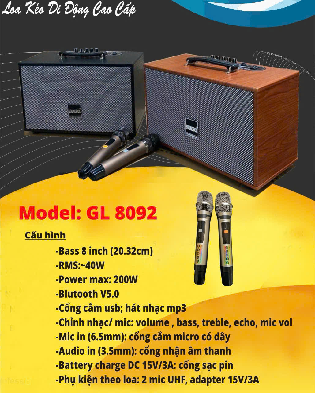 Loa karaoke xách tay SoundBox GL 8092 loa gỗ kèm 2 mic UHF chống hú