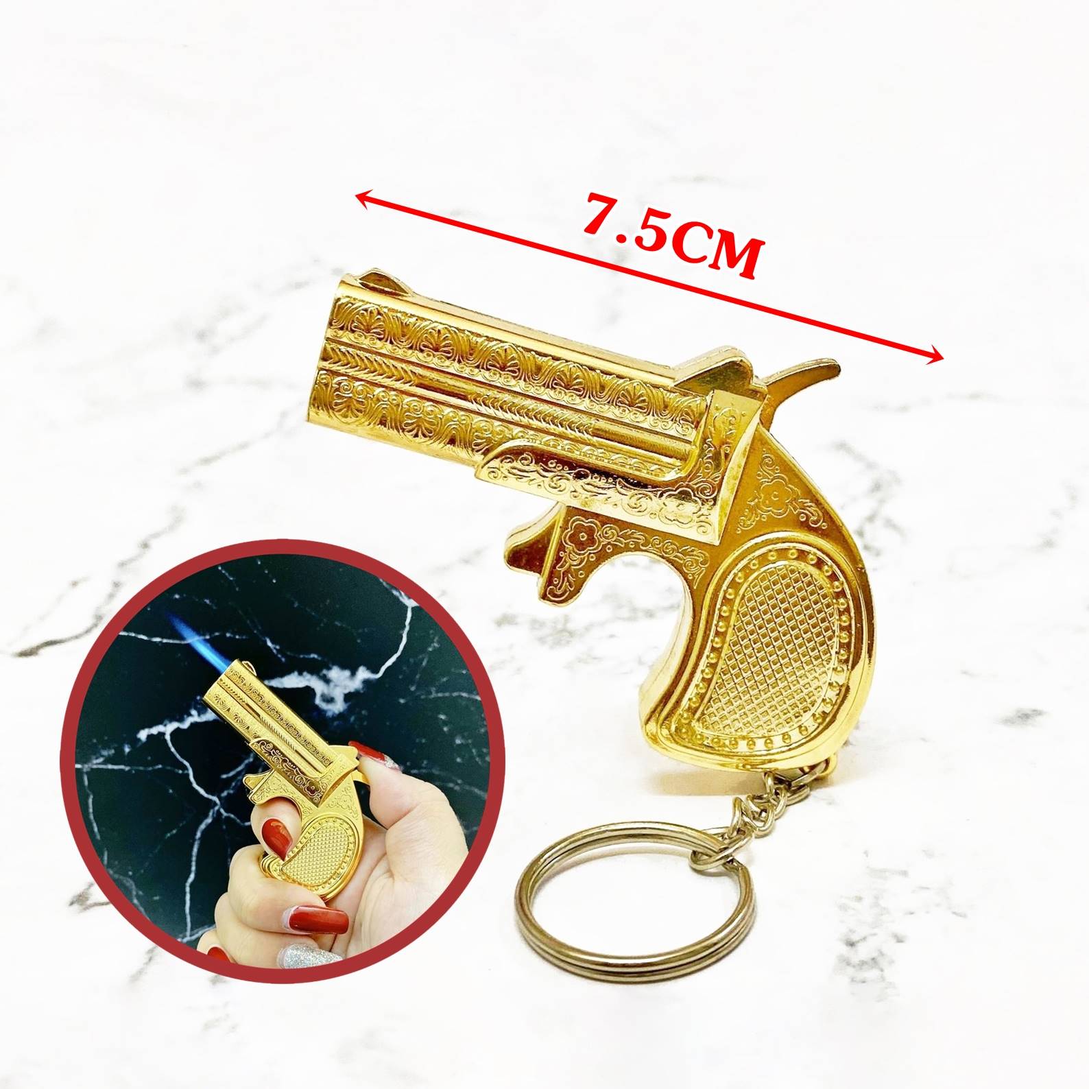 Bật lửa hình súng hoa văn vàng size: 7.5 cm có móc khóa