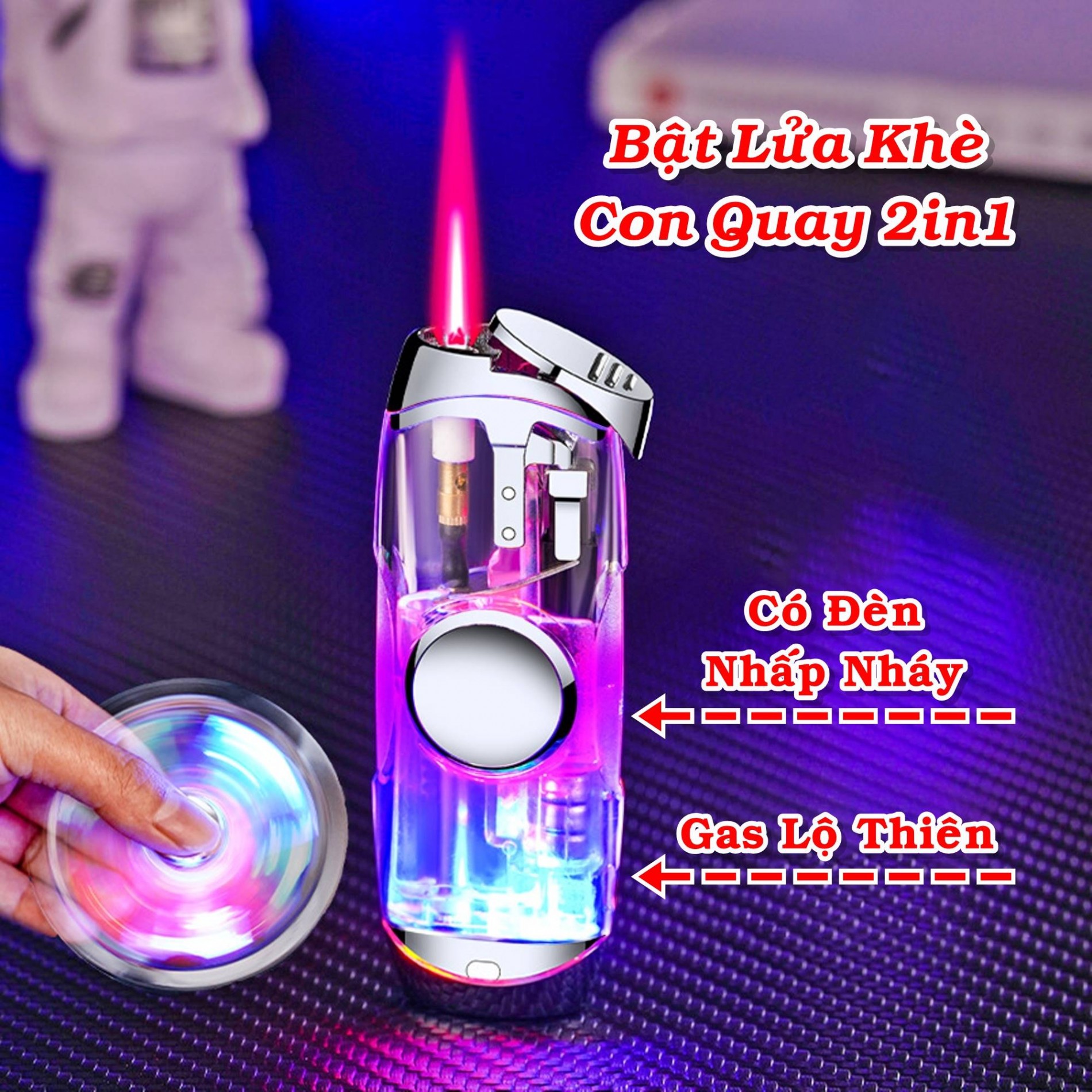 Bật lửa hình con quay lửa khò có đèn nhấp nháy