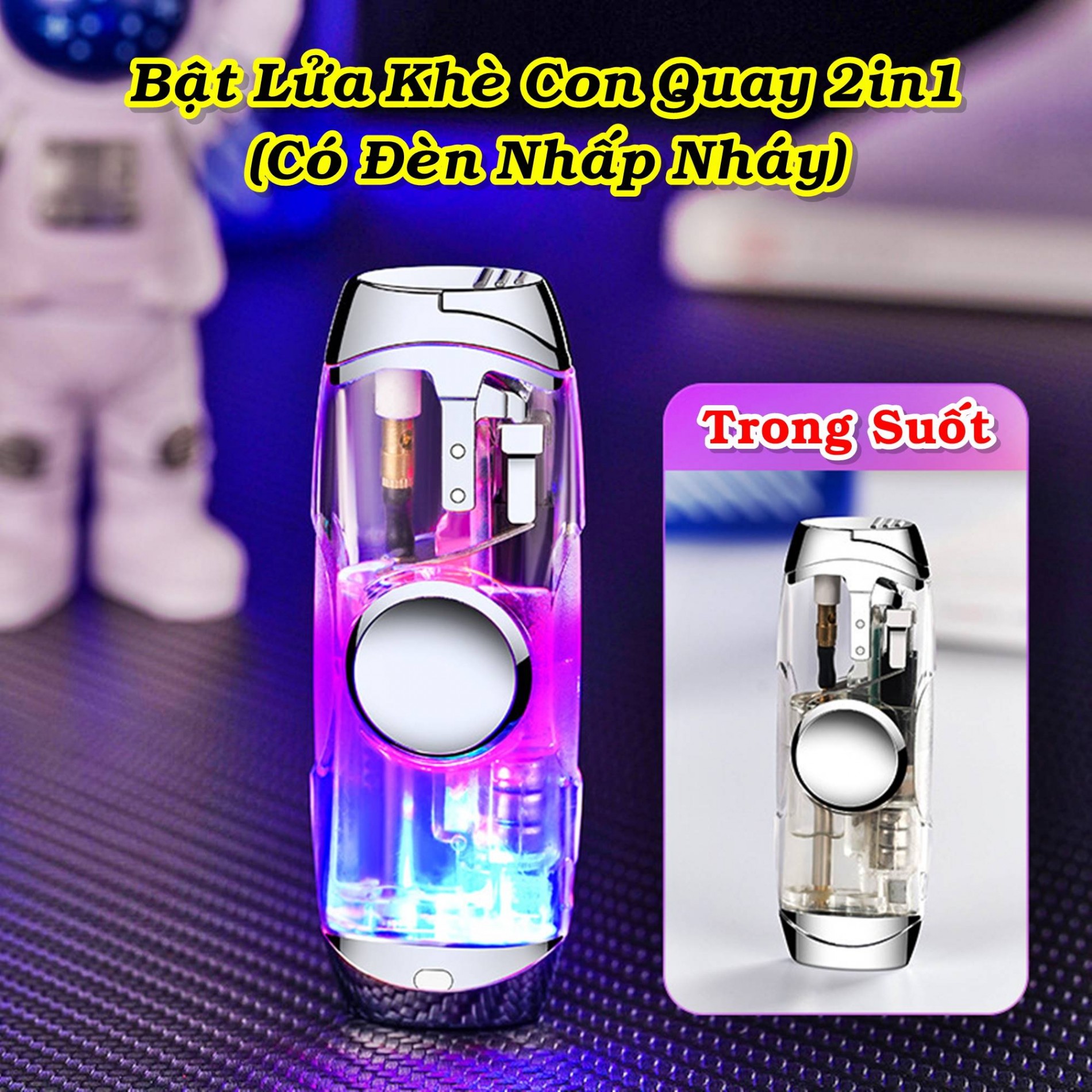 Bật lửa hình con quay lửa khò có đèn nhấp nháy