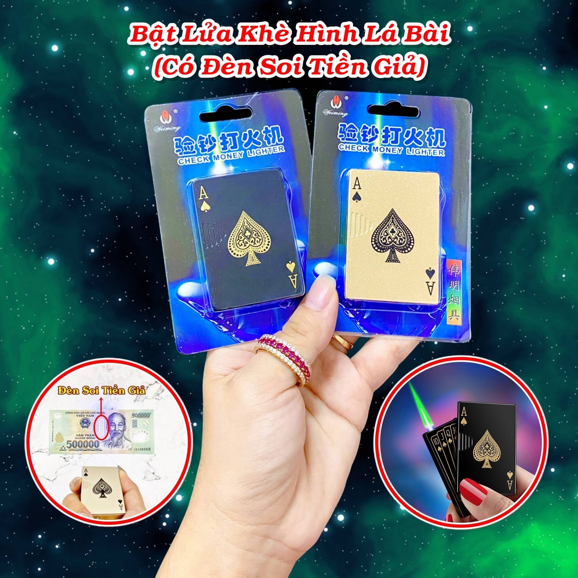 Bật lửa hình lá bài có đèn soi tiền giả xài gas màu đen