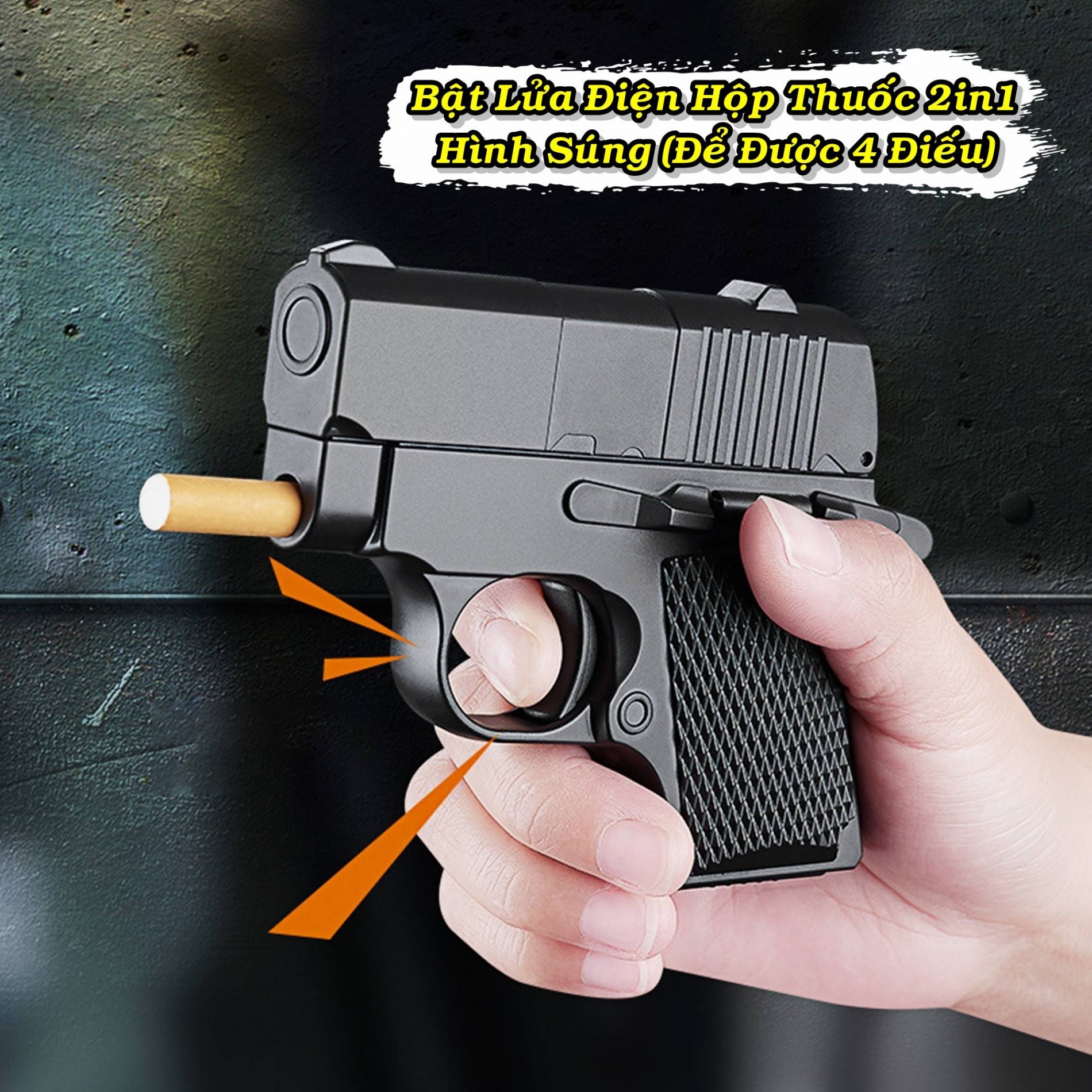 Bật lửa điện kiêm hộp thuốc hình súng để được 4 điếu thuốc