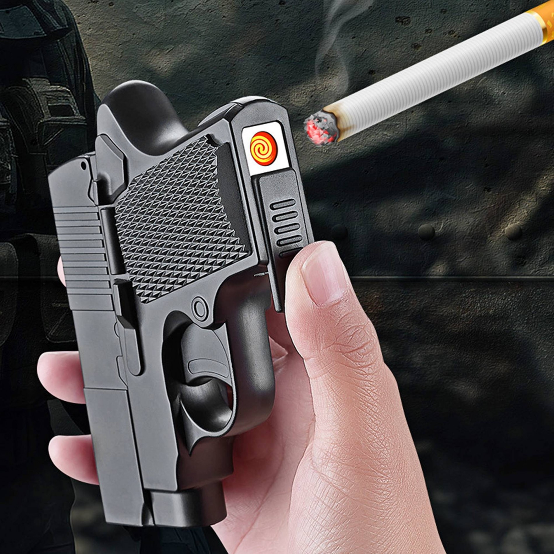 Bật lửa điện kiêm hộp thuốc hình súng để được 4 điếu thuốc