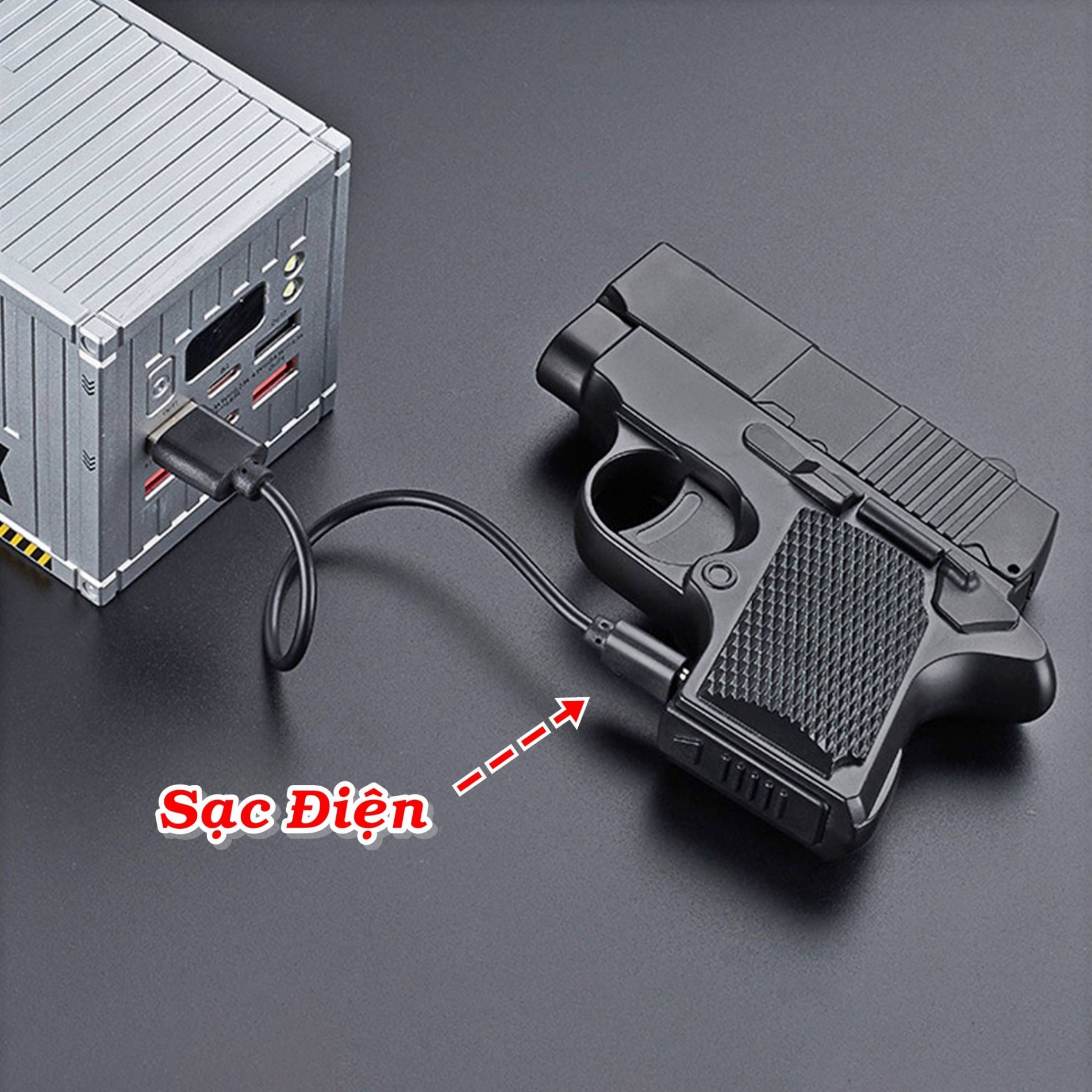 Bật lửa điện kiêm hộp thuốc hình súng để được 4 điếu thuốc