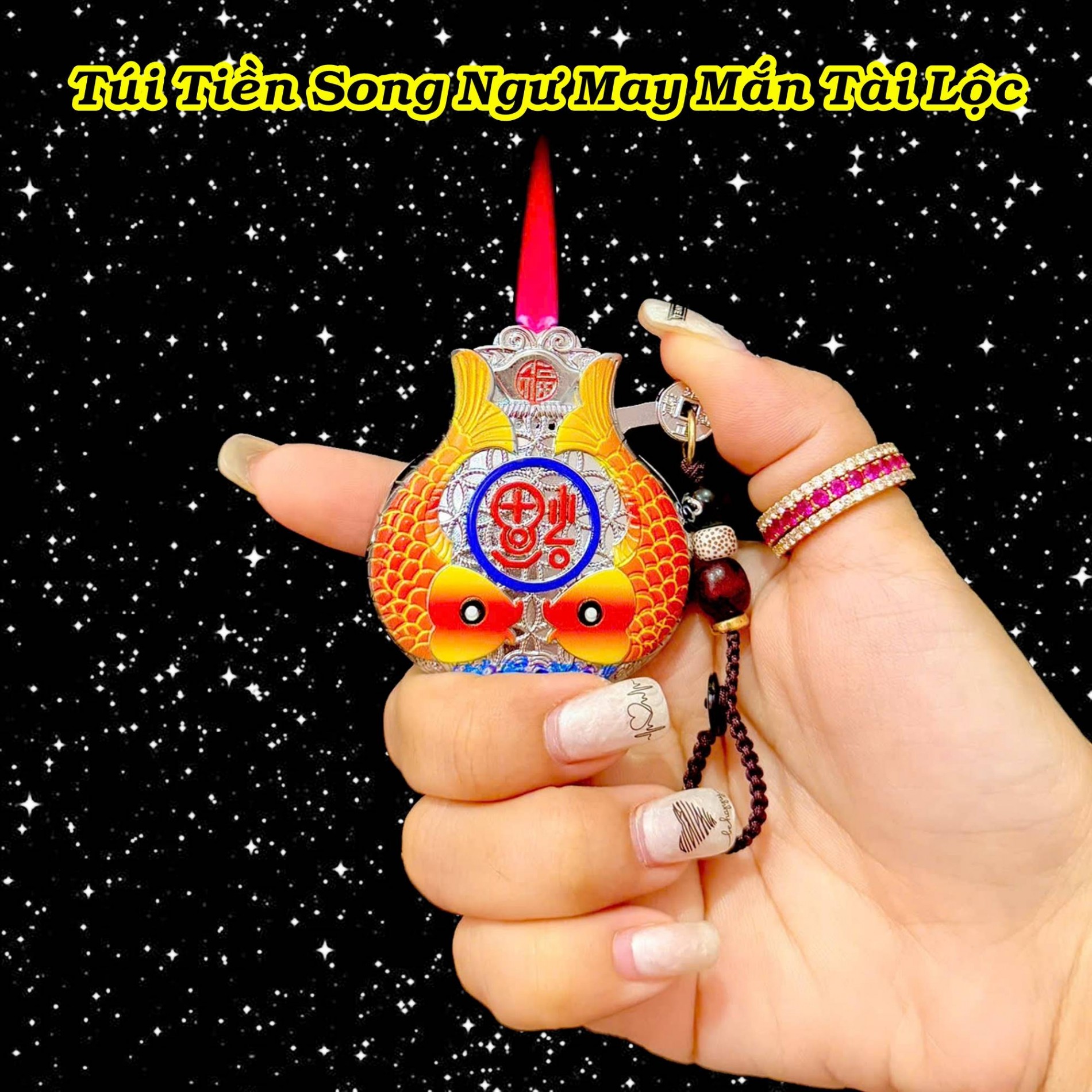 Bật lửa hình túi tiền song ngư may mắn tài lộc có móc khóa lửa khò