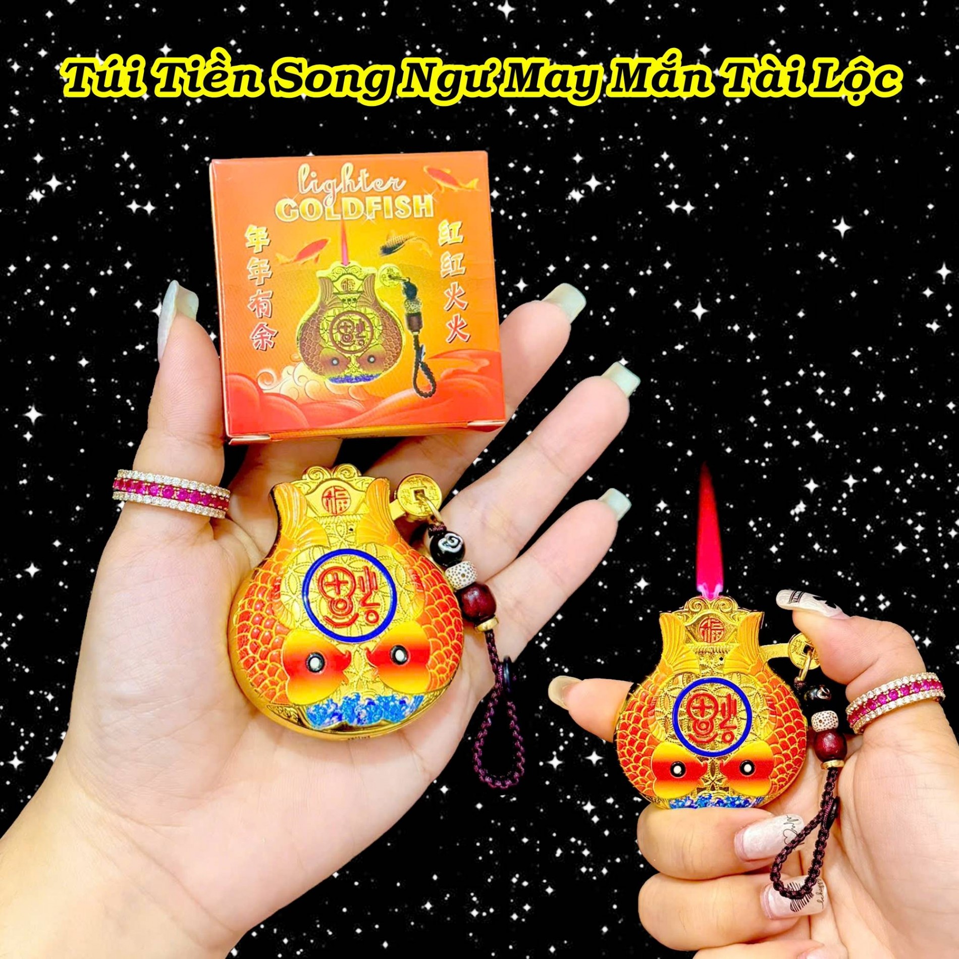 Bật lửa hình túi tiền song ngư may mắn tài lộc có móc khóa lửa khò