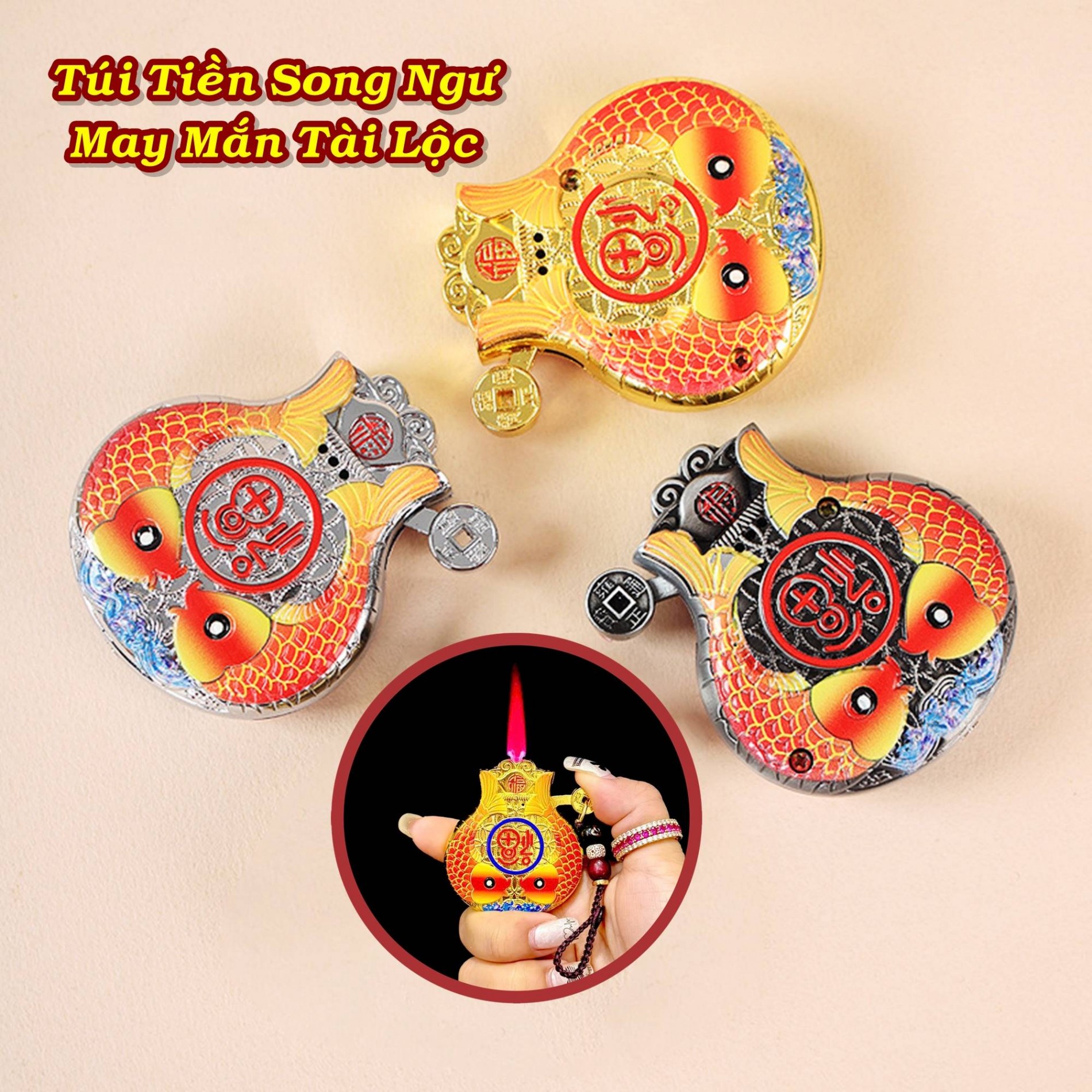 Bật lửa hình túi tiền song ngư may mắn tài lộc có móc khóa lửa khò