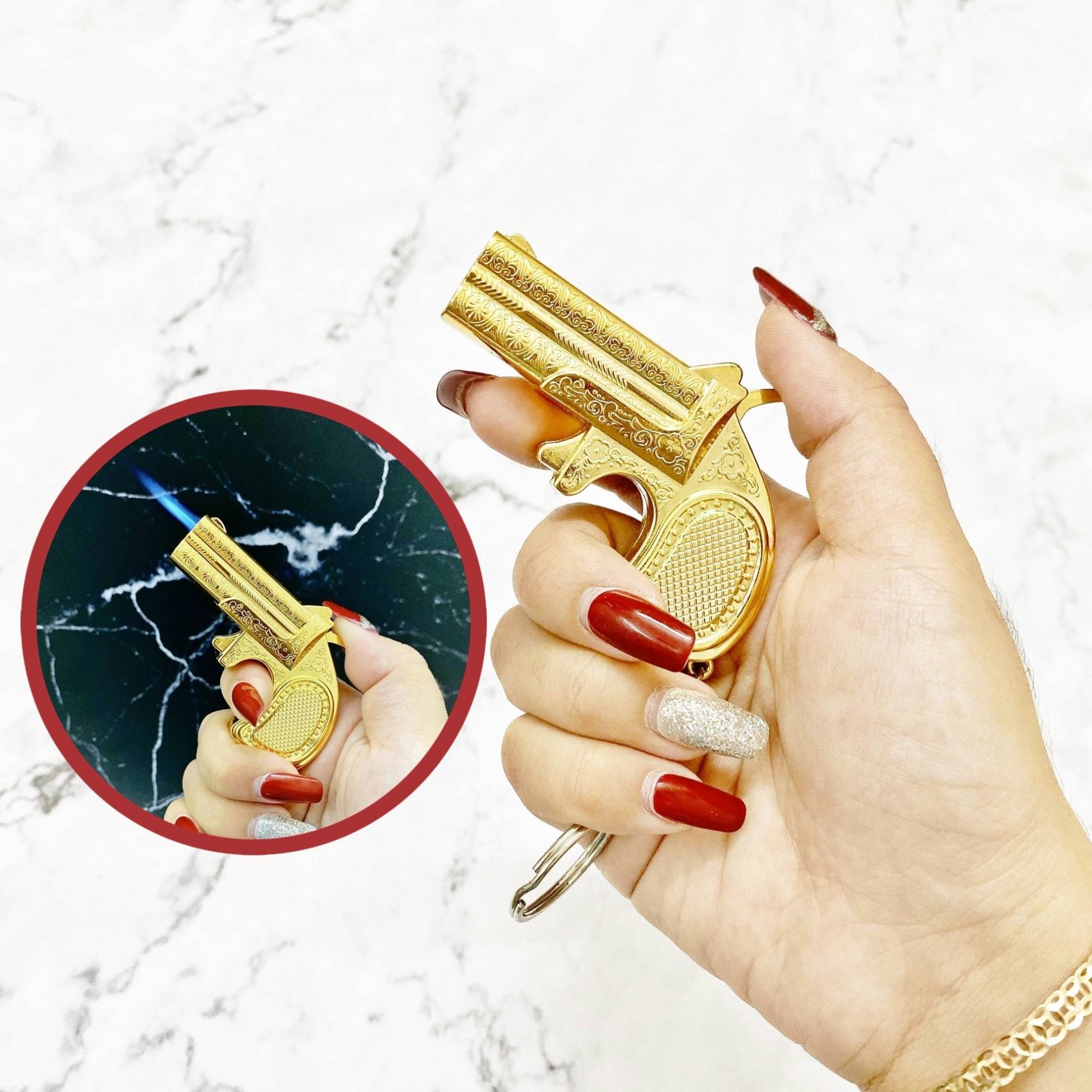 Bật lửa hình súng hoa văn vàng size: 7.5 cm có móc khóa