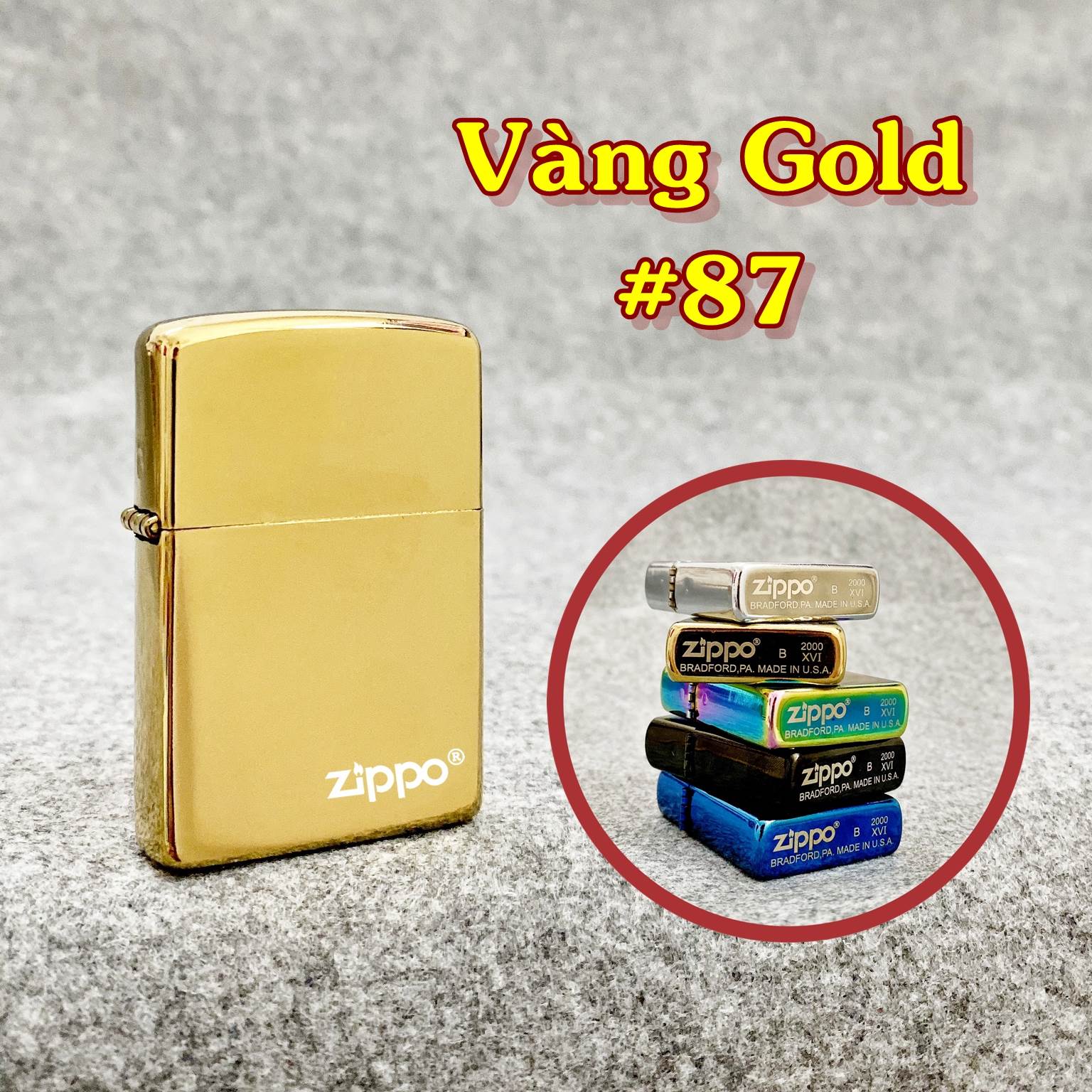 Bật lửa Zippo trơn bóng màu vàng gold xài xăng