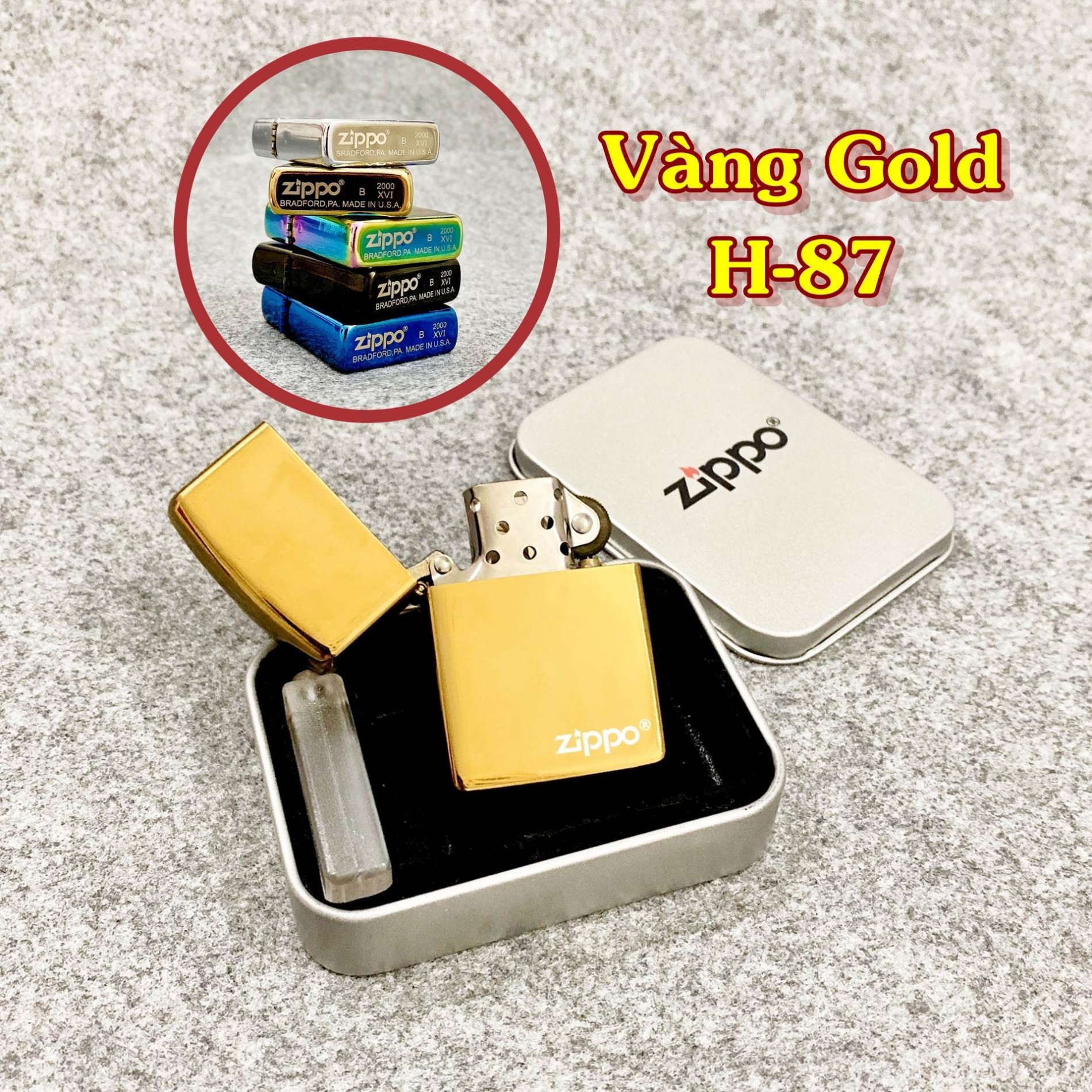 Bật lửa Zippo trơn bóng màu vàng gold xài xăng